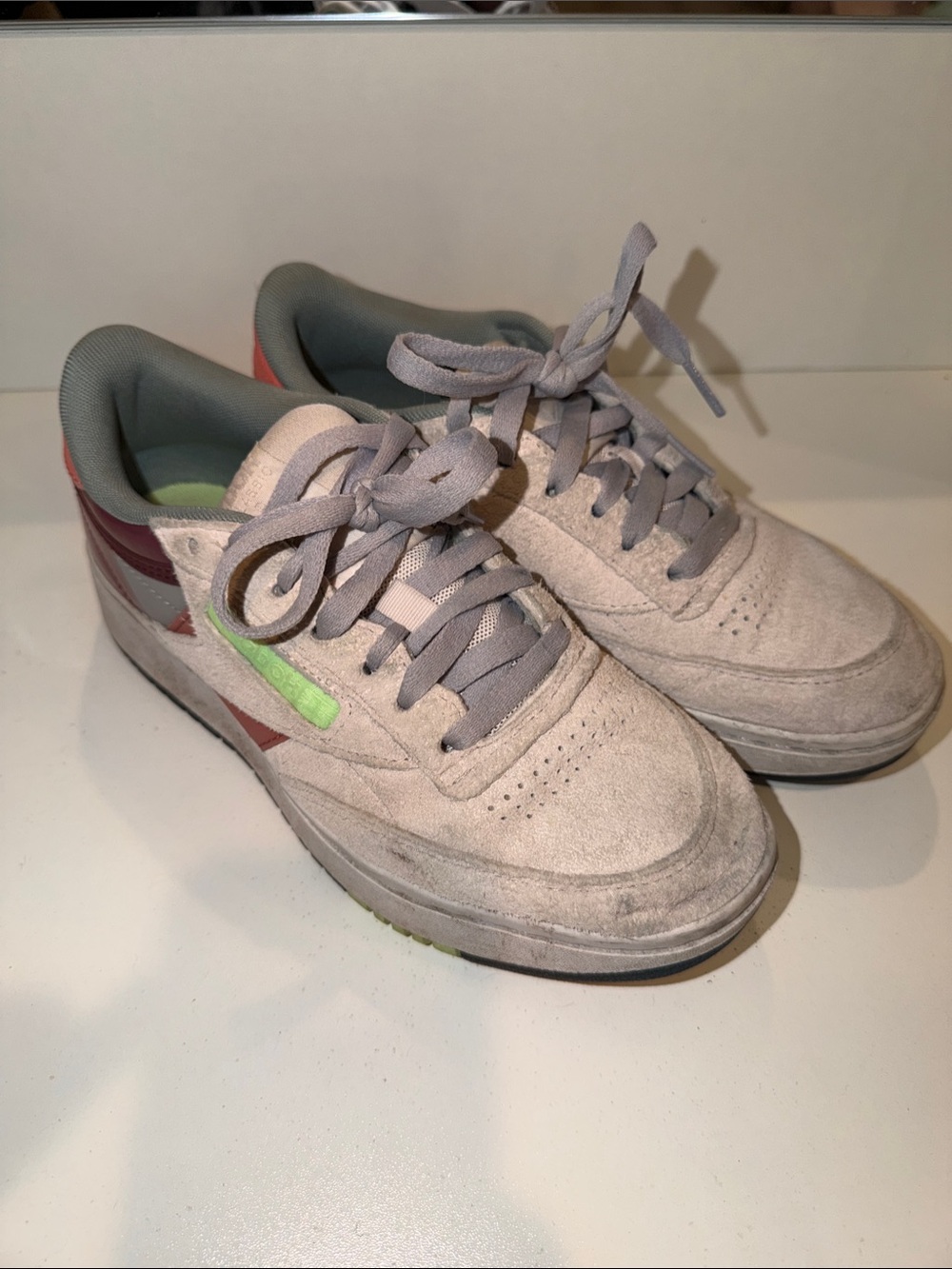 Reebok Women's Light Gray Suede Sneakers with Pink and Neon Green Accents